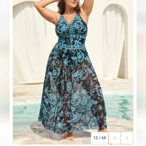 Floral Mesh V-Neck One-Piece Swimsuit in Teal and Black With Separate Skirt